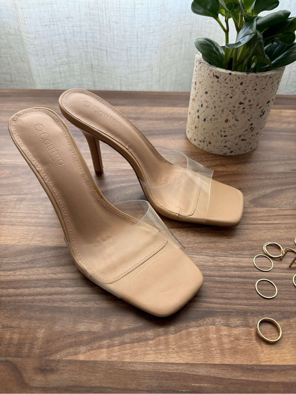 Beige and Clear Strap Heel Sandals